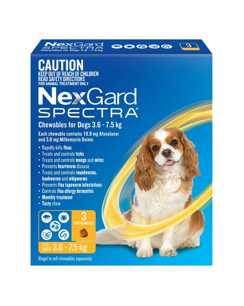 NexGard Spectra Dog Small 3.6-7.5kg Yellow 3Pk (Expiry 1 Nov 2026)