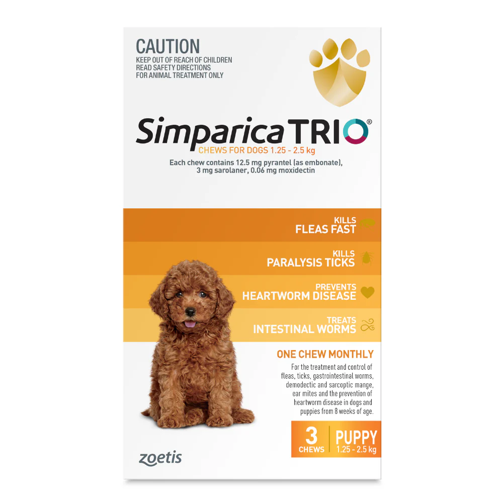 Simparica Trio 1.3-2.5 kg For Puppies or Tiny Breeds Dog Health Yellow 3 Pack