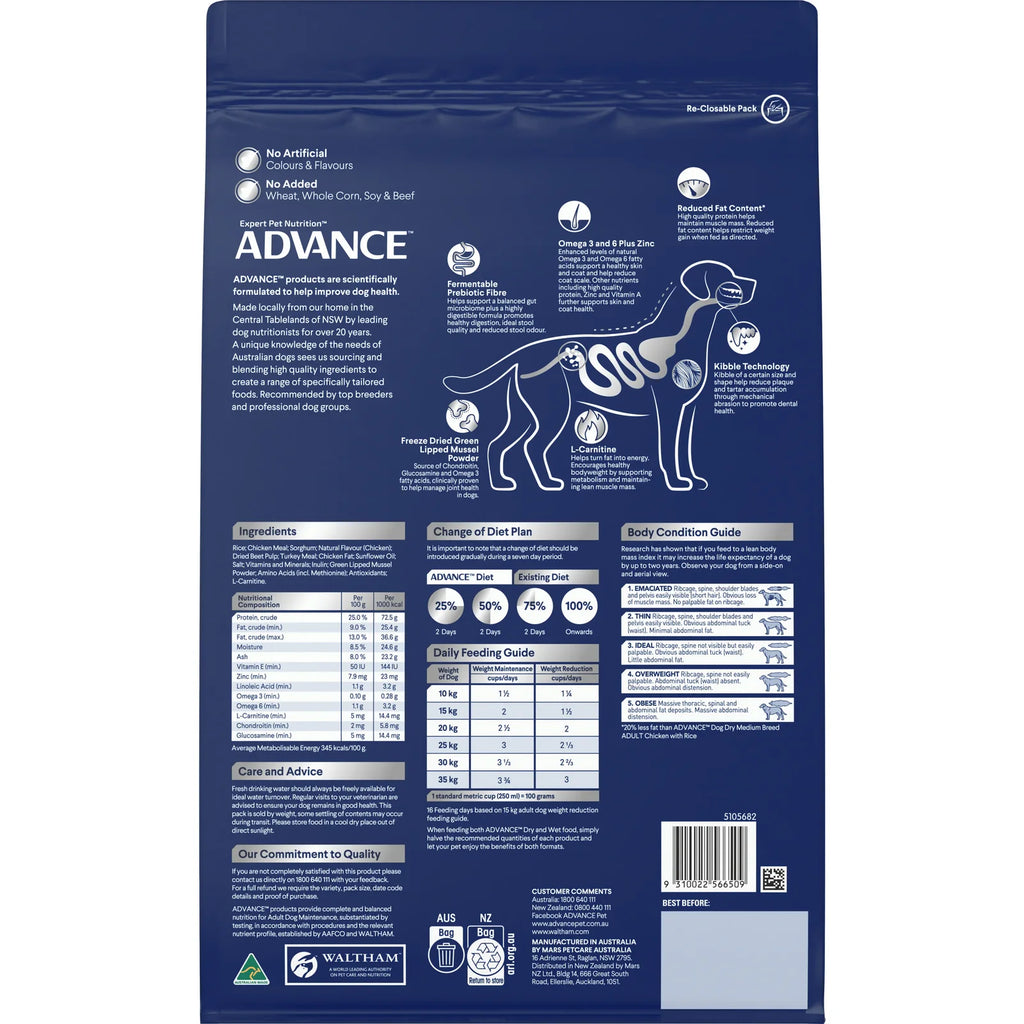 Advance Dog Adult Medium Breed Healthy Weight - Chicken 13Kg