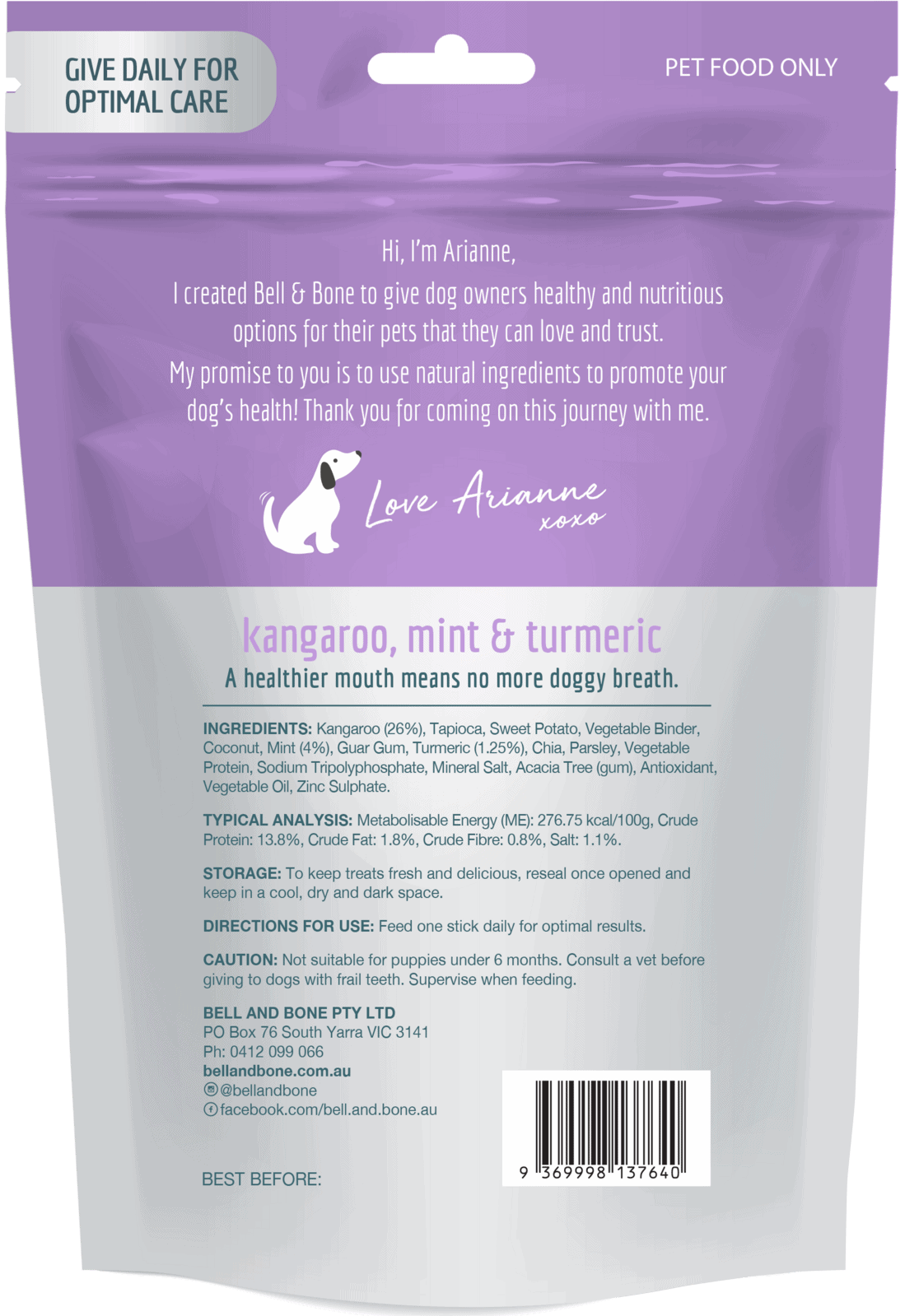 Bell & Bone Dental Stick - Kangaroo Mint & Turmeric