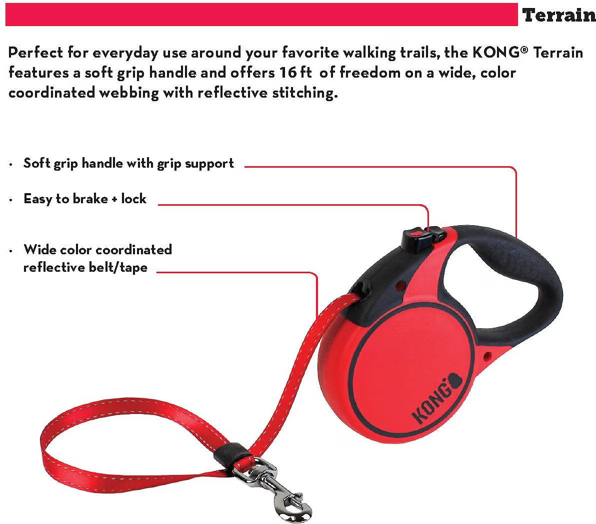 Kong Terrain Retractable Dog Leash Red