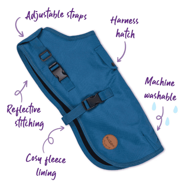 Kazoo Adventure Dog Coat with Harness Hatch - Blue Medium