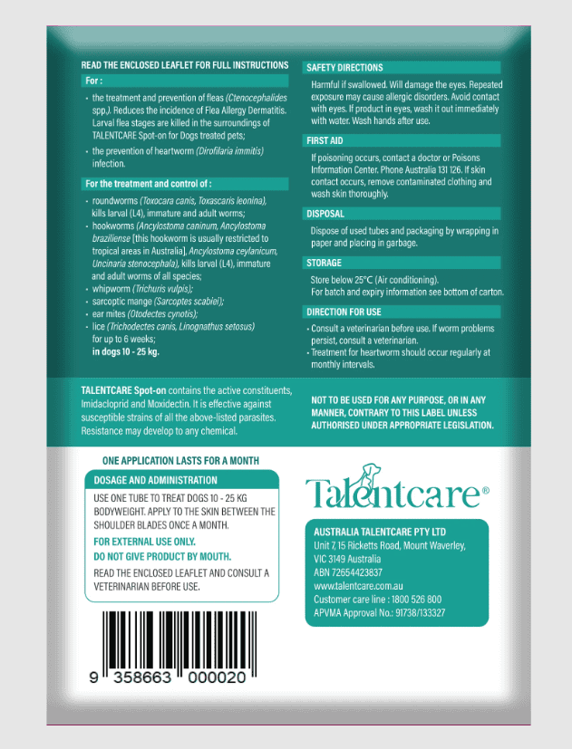 Talentcare Spot-On for Dogs 10kg - 25kg- 3 Pack