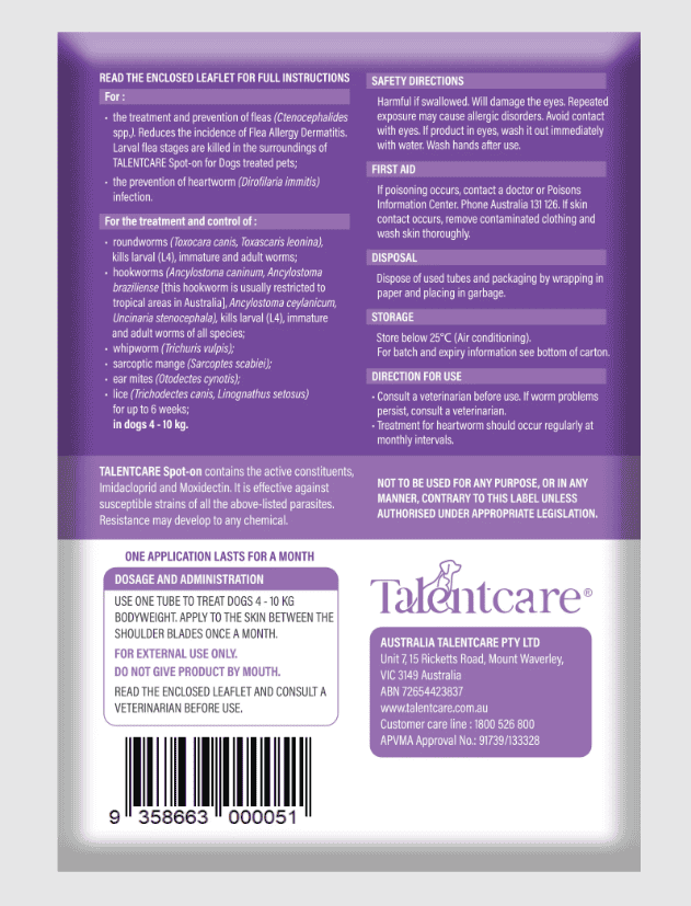 Talentcare Spot-On for Dogs 4kg - 10kg- 3 Pack