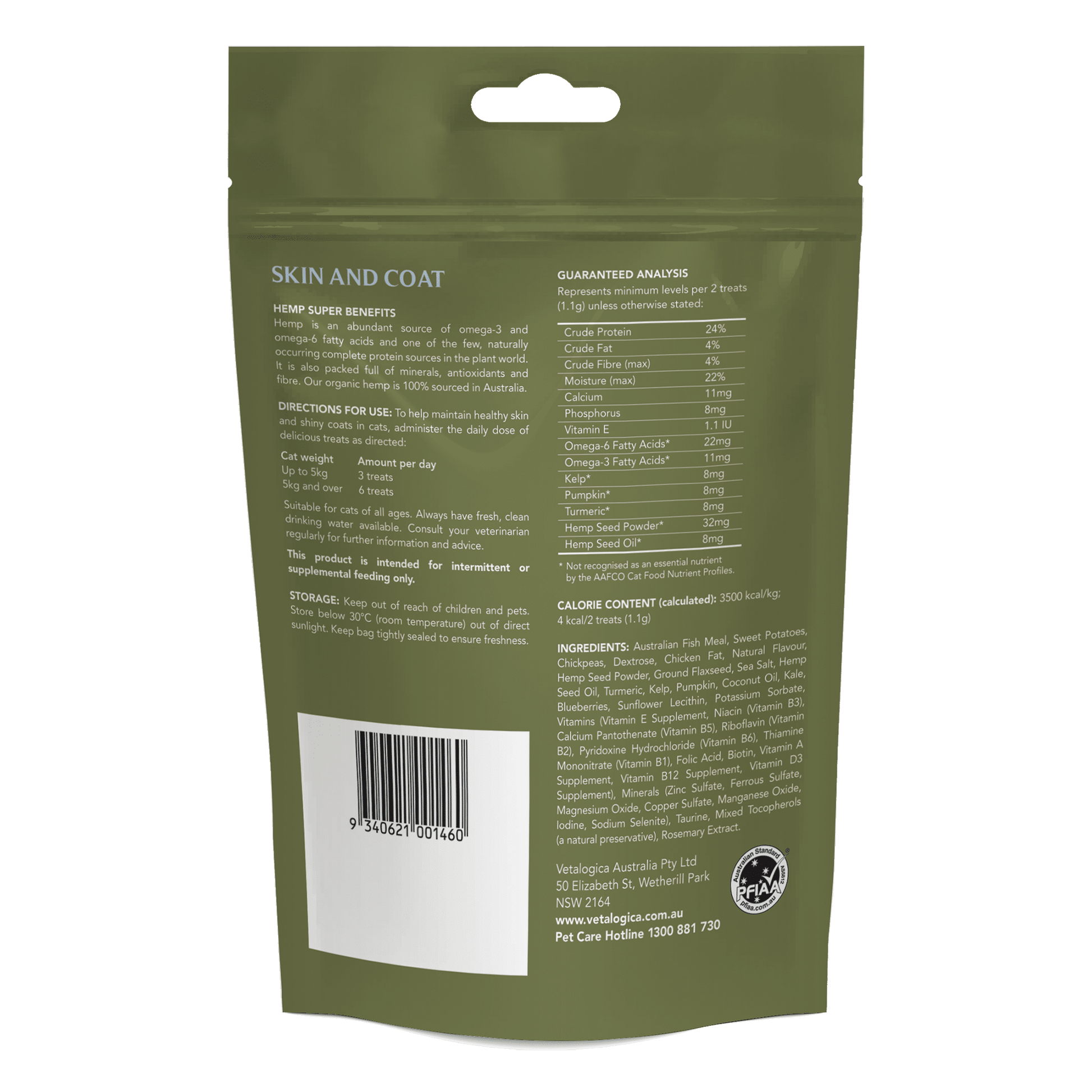 Vetalogica Hemp Clinicals Skin and Coat Cat Treats 100G