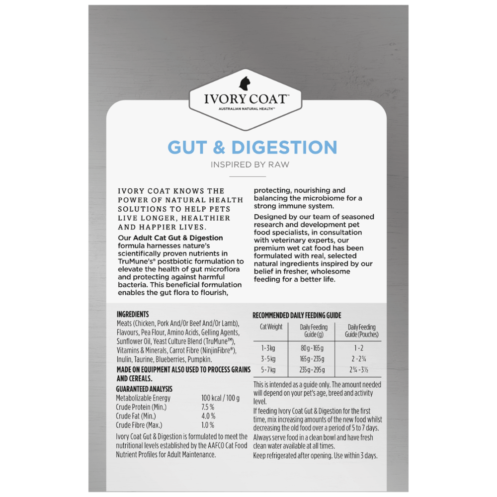 Ivory Coat Inspired by Raw Gut & Digestion Adult Wet Cat Food Pouch 85g 12 Pack