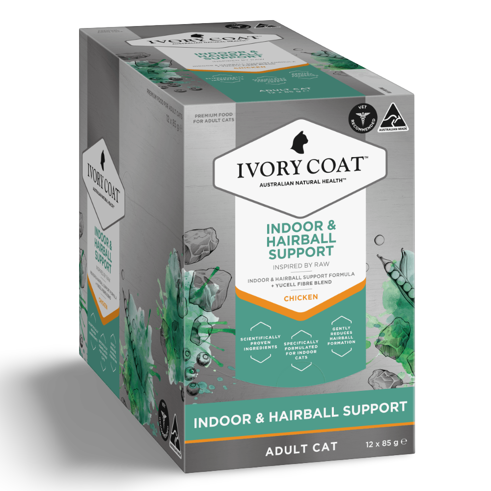 Ivory Coat Inspired by Raw Indoor & Hairball Adult Wet Cat Food Pouch 85g 12 Pack