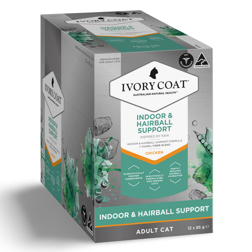 Ivory Coat Inspired by Raw Indoor & Hairball Adult Wet Cat Food Pouch 85g 12 Pack