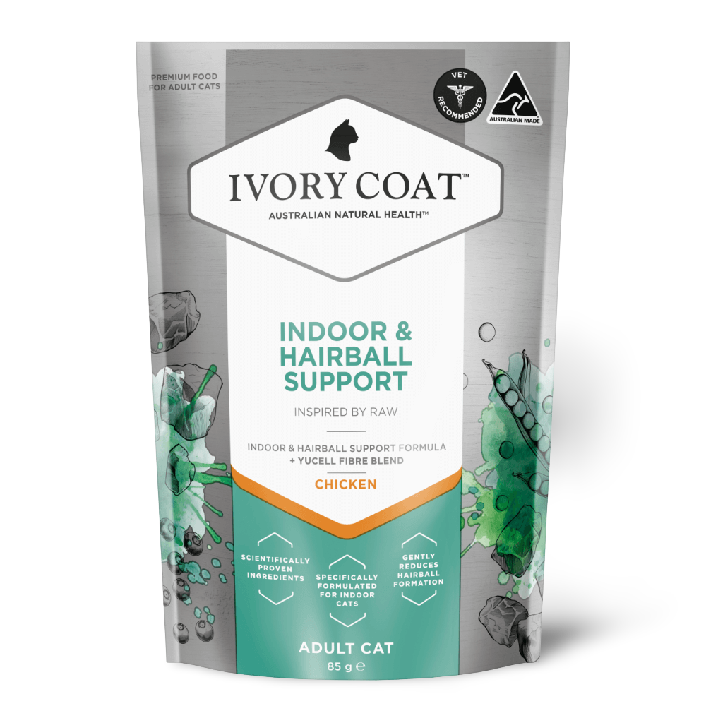 Ivory Coat Inspired by Raw Indoor & Hairball Adult Wet Cat Food Pouch 85g 12 Pack