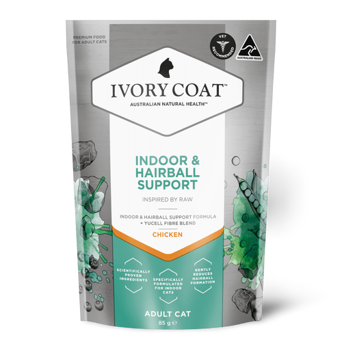 Ivory Coat Inspired by Raw Indoor & Hairball Adult Wet Cat Food Pouch 85g 12 Pack