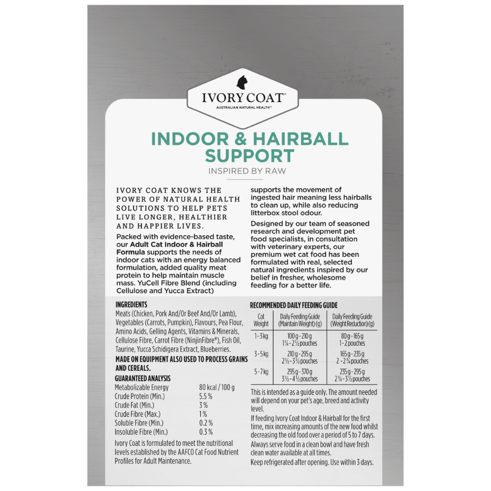 Ivory Coat Inspired by Raw Indoor & Hairball Adult Wet Cat Food Pouch 85g 12 Pack