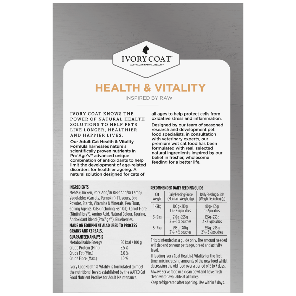 Ivory Coat Inspired by Raw Health & Vitality Adult Wet Cat Food Pouch 85g 12 Pack