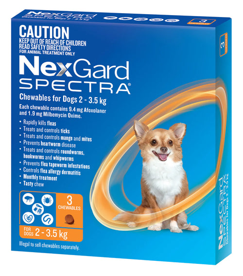 NexGard Spectra Dog XS 2-3.5kg Orange 3Pk ( Expiry 1 Oct 2026)